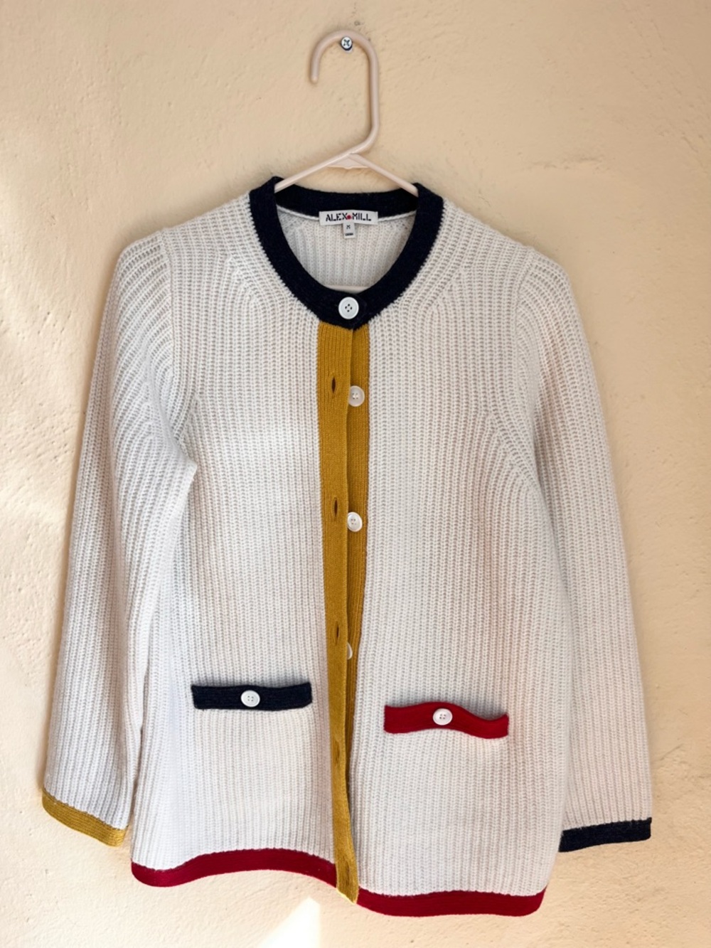 Alex Mill off white wool cardigan with bold primary color trim details medium